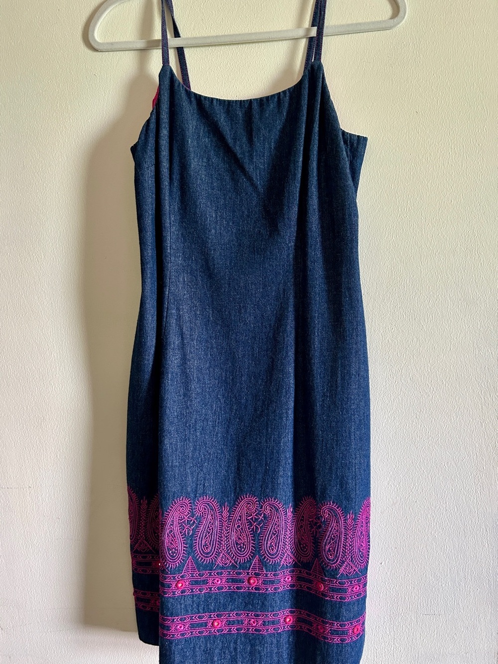 Vintage Y2K Donna Morgan Denim Slip Dress with Pink Paisley Embroidered Pattern